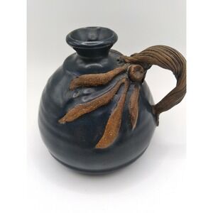 Handmade Handpainted Signed Footed Pottery Vessel Applied Handle  Signed GLO